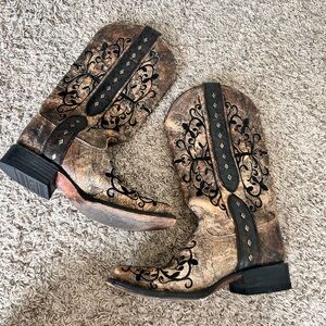Brown and Black Embroidered Heeled Boots